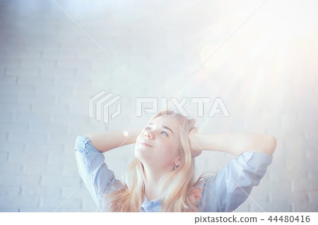 happy joy blond portrait / funny young adult model girl, concept of happiness and pleasure happy joy blond portrait / funny young adult model girl, concept of happiness and pleasure 44480416