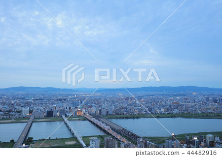 Osaka urban city and Yodo river from rooftop view Osaka urban city and Yodo river from rooftop view 44482916