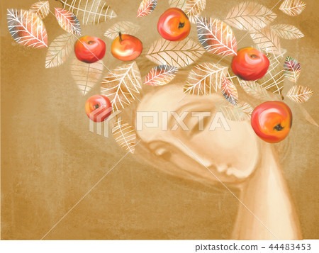 Autumn girl with wreath of leaves and red apples. 44483453