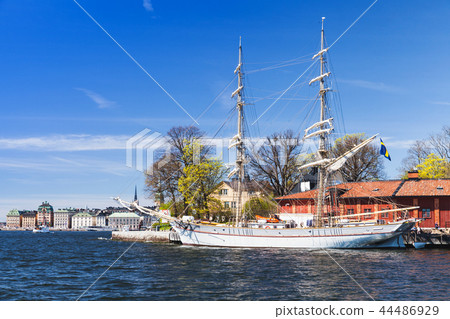 White sailing ship moored near Skeppsholmen White sailing ship moored near Skeppsholmen 44486929