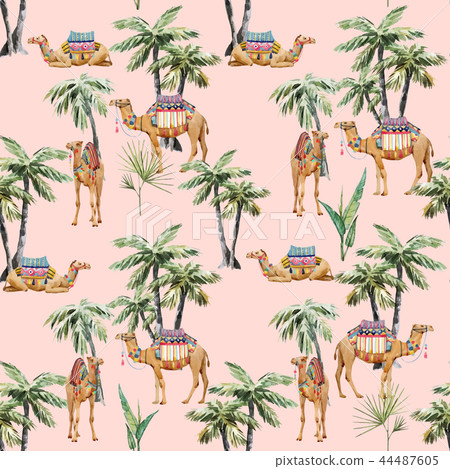 Watercolor camel and palm vector pattern 44487605