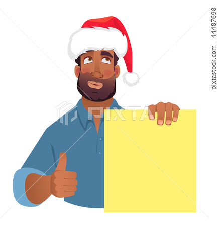 African man in hat holding blank banner. 44487698