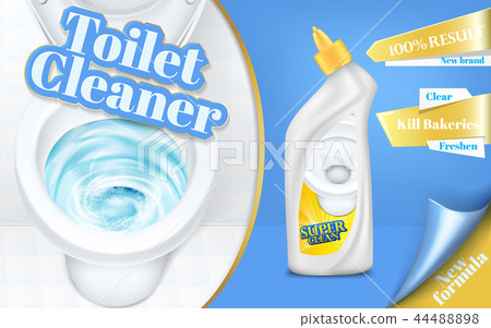 poster of toilet cleaner ads, flushing water with detergent, top view in 3d illustration. Cleaning 44488898