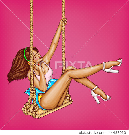 illustration of pin up sexy girl on swing in headphones. Pop art music lover in earphones on pink illustration of pin up sexy girl on swing in headphones. Pop art music lover in earphones on pink 44488910