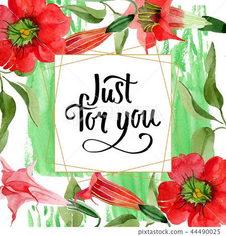 Watercolor red brugmansia flower. Floral botanical flower. Frame border ornament square. 44490025