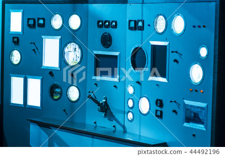 Space rocket lauch Control Center s one of two launch control and monitor panels wih lever arm Space rocket lauch Control Center s one of two launch control and monitor panels wih lever arm 44492196
