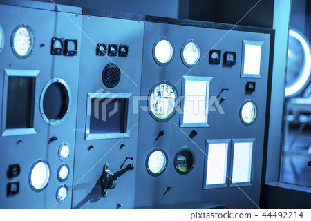 Space rocket lauch Control Center s one of two launch control and monitor panels wih lever arm 44492214