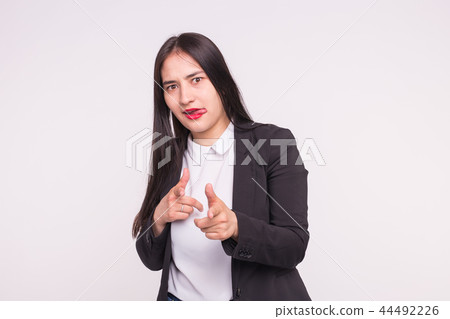 People and gesture concept - asian woman dressed in white shirt and black jacket showing bang-bang 44492226