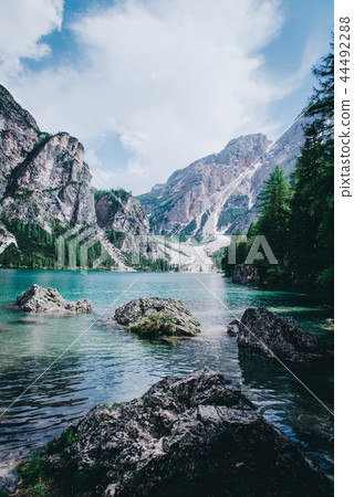Beautiful view of Lago di Braies or Pragser wildsee, Italy. Beautiful view of Lago di Braies or Pragser wildsee, Italy. 44492288