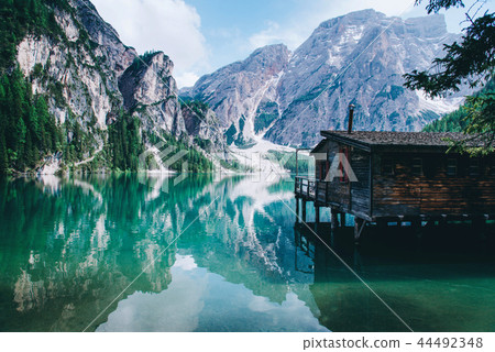 Beautiful view of Lago di Braies or Pragser wildsee, Italy. Beautiful view of Lago di Braies or Pragser wildsee, Italy. 44492348