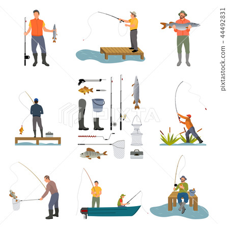 Fishing People and Items Set Vector Illustration Fishing People and Items Set Vector Illustration 44492831