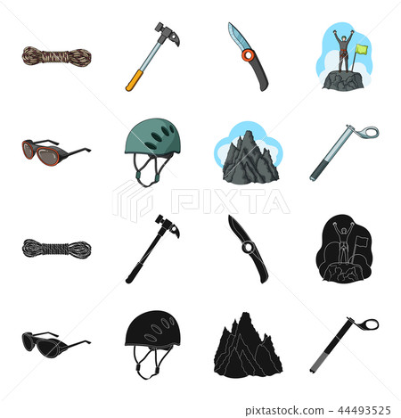 Helmet, goggles, wedge safety, peaks in the clouds.Mountaineering set collection icons in black 44493525