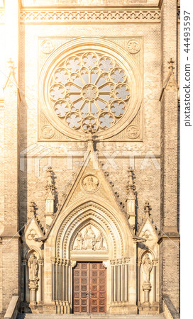 Main gate and portal of Church of St. Ludmila at the Peace Square, aka Namesti Miru, in Prague 44493597