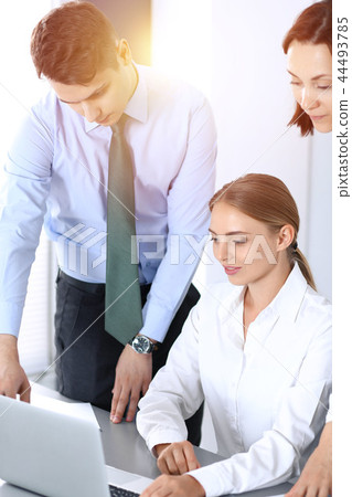 Group of business people using laptop computer in office. Meeting and teamwork concept Group of business people using laptop computer in office. Meeting and teamwork concept 44493785