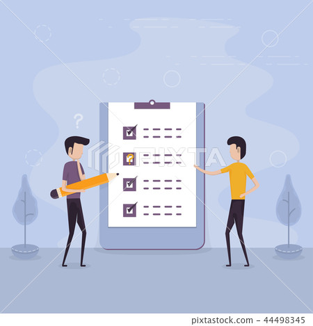 Businessmen holding giant pencil and big checklist 44498345