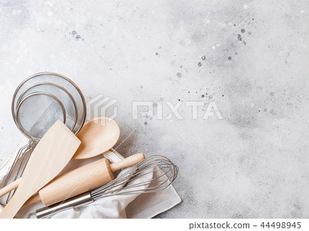 Box of baking utensils. Whisk, mesh and spatula Box of baking utensils. Whisk, mesh and spatula 44498945
