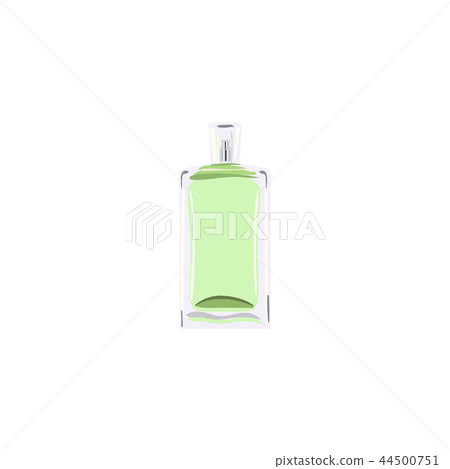 orthogonal Bottle with green liquid. vial for perfume, medicine, cosmetics, alcohol, drinks. flacon 44500751