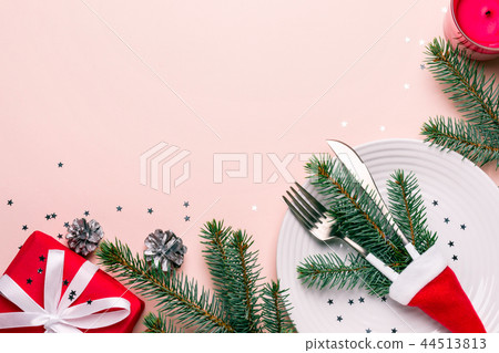 Christmas festive table setting. Fir branches Christmas festive table setting. Fir branches 44513813