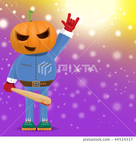 vector Happy halloween hipster party background. man in halloween costume with carved pumpkin head 44514317