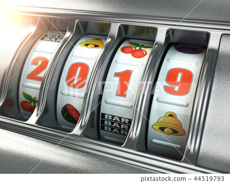 Happy New Year 2019 in casino. Slot machine 44519793