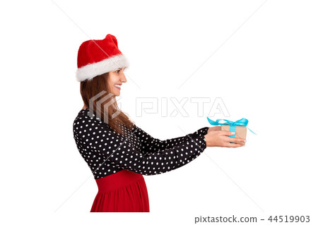 woman in dress and christmas hat isolated on white 44519903