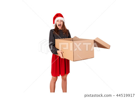 woman in dress and christmas hat isolated on white woman in dress and christmas hat isolated on white 44519917