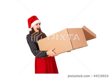 woman in dress and christmas hat isolated on white woman in dress and christmas hat isolated on white 44519919