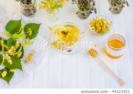 Linden inflorescences, herbal tea, view from high  44521051