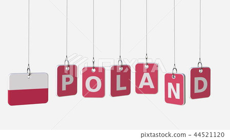 POLAND caption and Polish flag on swinging plates, 3D rendering 44521120