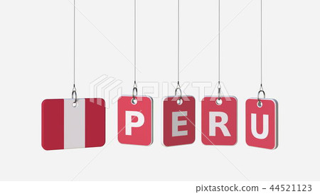 PERU caption and Peruvian flag on swinging plates, 3D rendering PERU caption and Peruvian flag on swinging plates, 3D rendering 44521123