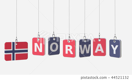 NORWAY caption and Norwegian flag on swinging plates, 3D rendering 44521132