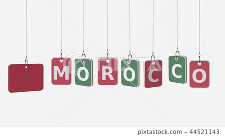 MOROCCO caption and Moroccan flag on swinging plates, 3D rendering 44521143