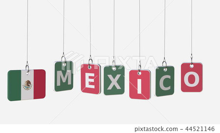 MEXICO caption and Mexican flag on swinging plates, 3D rendering MEXICO caption and Mexican flag on swinging plates, 3D rendering 44521146