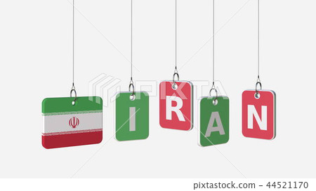 IRAN caption and Iranian flag on swinging plates, 3D rendering IRAN caption and Iranian flag on swinging plates, 3D rendering 44521170