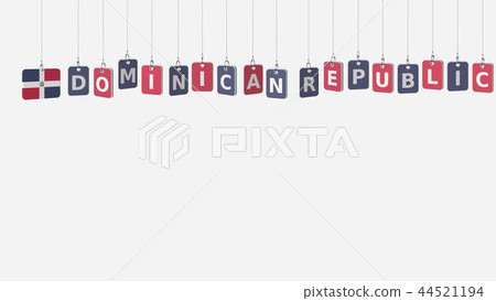 DOMINICAN REPUBLIC caption and flag on swinging plates, 3D rendering DOMINICAN REPUBLIC caption and flag on swinging plates, 3D rendering 44521194