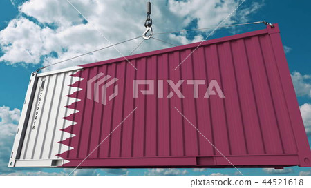 Loading cargo container with flag of Qatar. Qatari import or export related conceptual 3D rendering 44521618