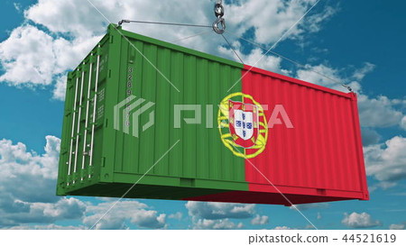 Loading cargo container with flag of Portugal. Portuguese import or export related conceptual 3D 44521619