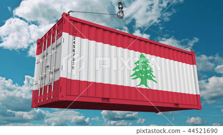 Container with flag of Lebanon. Lebanese import or export related conceptual 3D rendering 44521690