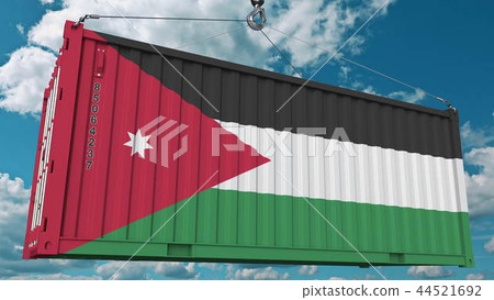 Loading cargo container with flag of Jordan. Jordanian import or export related conceptual 3D Loading cargo container with flag of Jordan. Jordanian import or export related conceptual 3D 44521692