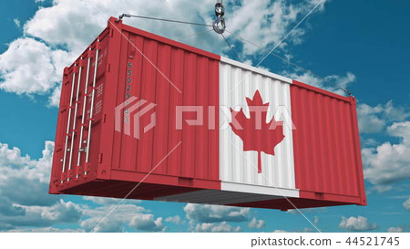 Cargo container with flag of Canada. Canadian import or export related conceptual 3D rendering 44521745