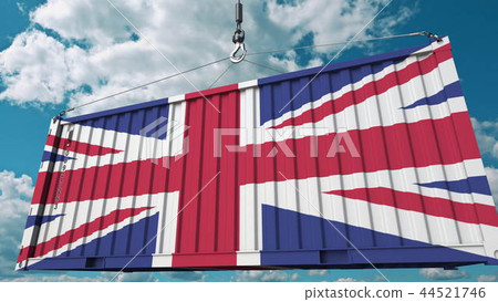 Container with flag of the United Kingdom. British import or export related conceptual 3D rendering 44521746