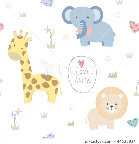 Cute animal cartoon doodle seamless pattern 44525934