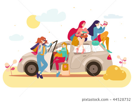 Group of girls with bags after shopping in a car 44528732