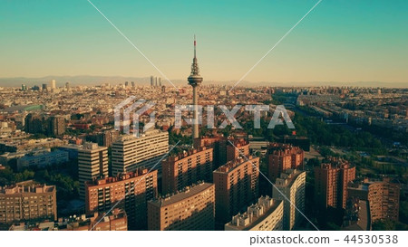 Aerial view of famous Torrespana TV tower within Madrid cityscape, Spain Aerial view of famous Torrespana TV tower within Madrid cityscape, Spain 44530538