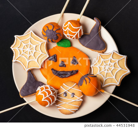 top view of concept Halloween party with cookies top view of concept Halloween party with cookies 44531948