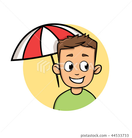 Smiling boy hiding from sun under beach umbrella. Sunbathing and protection. Flat design icon Smiling boy hiding from sun under beach umbrella. Sunbathing and protection. Flat design icon 44533733