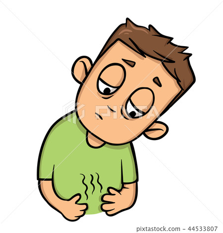 Guy looking down at his stomach growling in hunger. Flat design icon. Colorful flat vector 44533807