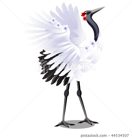 Japanese crane decorated with flowers isolated on white background. Vector cartoon close-up 44534507