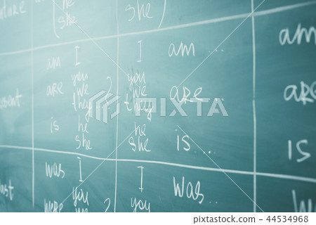English lesson, school, learn foreign language. Chalkboard. Verb tenses Grammar. 44534968
