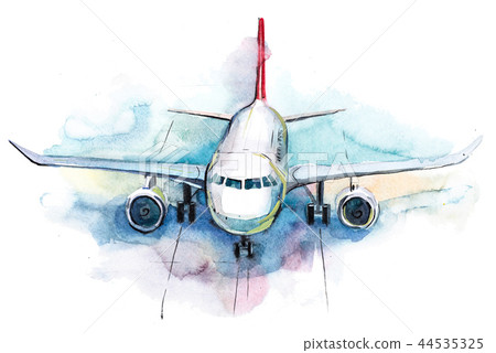 Aircraft is at the airport on the take-off field watercolor. 44535325